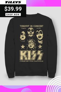 Dust Off The Leather Pants, Grab The Vinyl Records, And Apply The Face Paint In This Officially Licensed Kiss Apparel! Featuring Gene Simmons, Paul Stanley, Peter Criss, And Ace Frehley, These Tees Are Sure To Bring Back Old Memories And Bring Out The Metal In Your Heart. Grab The Hair Spray And Rock On! 100% Cotton. Machine Washable. Printed In The U.s.a. This Item Is Unisex Fit And Sizing. Winter Concert Crew Neck Top, Fan Apparel Graphic Print Sweater For Fall, Fall Concert Sweatshirt With Letter Print, Fall Fan Apparel Sweatshirt With Graphic Print, Letter Print Sweatshirt For Concerts In Fall, Letter Print Sweatshirt For Fall Concerts, Pre-shrunk Band Merch Sweatshirt For Fall, Band Merch Tops For Fall Fan Merchandise, Peter Criss