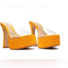 A Translucent Vamp Strap And Square Toe Lend Contemporary Elements To A Scene-Stealing Sandal Lofted By A Chunky Platform And Flared Block Heel. 5 1/2" Heel; 2" Platform Synthetic Upper And Lining/Rubber Sole Made In Brazil Orange Platform Heels In Synthetic Material, Orange Platform Heels With Synthetic Material, Orange Synthetic Platform Heels, Orange Synthetic Slip-on Heels, Blue Strappy Heels, Velvet Sandals, Gold High Heels, White Leather Sandals, Contemporary Elements