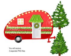 a red trailer parked next to a green pine tree with a wreath on the top