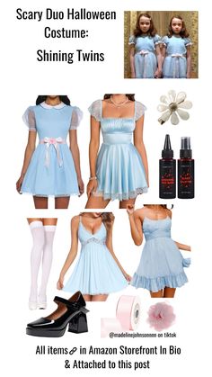 several different pictures of women in dresses and shoes with text that reads scary duo halloween costume shining twins