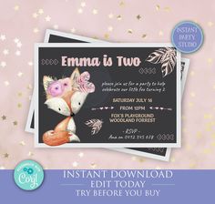 a pink and black baby shower party with an image of two foxes on the cover