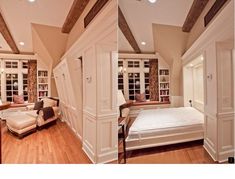 two pictures of a bedroom with white walls and wood floors, one has a bed in the corner