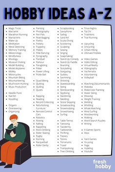 a poster with the words hobby ideas a - z and an image of a man sitting in