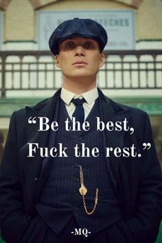 a man in a suit and tie with a quote on the back saying be the best, fock the rest