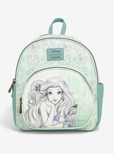 While you're out collecting your thingmabobs, you'll need a place to hold them all. This mini backpack from The Little Mermaid should do the trick! Printed with a sketch-style design of Ariel, shells and sea flowers. Featuring a front zipper pocket, top zipper closure, side pockets, adjustable shoulder straps and top carrying handle. 8 1/2" x 4 1/4" x 10 1/4" Ariel Sketch, Sketch Mini, Blue Sketch, Mermaid Backpack, Mermaid Sketch, Disney Wallet, Sea Flowers, Stitch Backpack, Kawaii Bag