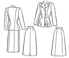 "Originally by McCall, the New Look is evident in this McCall's two-piece suit with the jacket front peplum trimmed with buttons. The skirt is split at the front hem and constructed in five pieces. This pattern is for the more advanced sewer with some tailoring knowledge. This 18-piece pattern comes in size set A fitting 32\"- 38\" bust, 26\"- 32\" waist and 35\"- 41\" hip or set B fitting 40\" to 46\" bust, 34\" to 40\" waist and 43\" to 49\" hip. 5/8\" seams are given. All of my patterns are f Tailored Lined Skirt Suit For Workwear, Fitted Lined Skirt Suit For Workwear, Vintage Pattern, Vintage Sewing, Two Pieces, Vintage Designs, New Look, Split, Two Piece