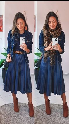 Casual Outfits Business Women, Blue Plisse Skirt Outfit, Shein Work Outfits Women Winter, Outfit Ideas Pleated Skirt, Feminine Modest Style, Autumn Outfits For Work, Blue Skirt Outfit Ideas, Pleated Skirt Outfit Fall