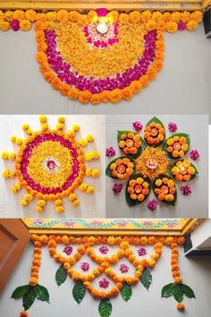 four different pictures of flowers arranged on the wall