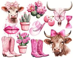 the cow is wearing pink boots and has flowers in her hair, while she's surrounded by other items