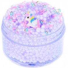 a plastic container filled with lots of white balls and unicorn decorations on top of it