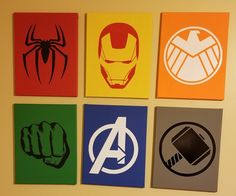 the avengers logo is shown on four different colored squares, each with an iron man and spider - man symbol