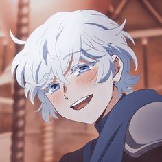 an anime character with white hair and blue eyes looks at the camera while smiling in front of him