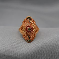 Temple Jewelry Rings As Gift, 22k Gold Filigree Ring As Gift, Red 22k Gold Rings For Gift, Gold Rings For Marriage And Festivals, Gold Filigree Ring As A Gift, Intricate Design Gold Plated Rings For Gift, Gold Plated Temple Jewelry Rings As Gift, Gold Plated Temple Jewelry Rings, Gold Plated Rings With Intricate Design For Gift