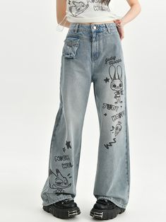 Step into the world of Zootopia with these adorable Judy and Nick print high-waist wide-leg jeans! Made from high-quality denim, these jeans feature a vibrant blue color and a fun print of Judy and Nick, the beloved characters from the movie. The high waist design offers a flattering fit, while the wide-leg style adds a touch of retro charm. Pair these jeans with your favorite top for a playful and stylish look that's perfect for any casual outing.   Please note that this product includes only t Y2k Style Blue Wide Leg Jeans, Spring Denim Pants With Letter Print, Spring Letter Print Denim Pants, Y2k Straight Leg Pants With Graphic Print, Baggy Denim Bottoms With Graphic Print, Y2k Style Straight Leg Pants With Graphic Print, Y2k Style Straight Leg Graphic Print Pants, Summer Baggy Jeans With Graphic Print, Summer Straight Leg Jeans With Letter Print