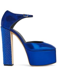 electric blue patent leather crystal embellishment branded insole square toe buckle-fastening ankle strap high block heel platform sole Giuseppe Zanotti Shoes, Heels Platform, Platform Block Heels, Boot Jewelry, Blue Pumps, Silver Heels, Boot Pumps, Blue Sandals, Chic Accessories