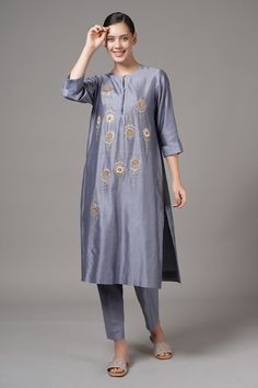 Steel grey kurta with placement floral embroidery. Paired with a pant. - Aza Fashions Silk Sets With Resham Embroidery And Straight Pants, Elegant Pant Set With Floral Embroidery And Straight Kurta, Elegant Embroidered Salwar Kameez With Straight Pants, Designer Silk Pant Set With Straight Kurta, Festive Embroidered Sets With Straight Pants, Silk Sets With Floral Embroidery And Straight Pants, Embroidered Sets For Wedding And Eid, Embroidered Straight Palazzo Set For Designer Wear, Diwali Embroidered Straight Kurta Set