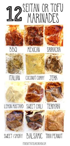 the 12 different types of marinades are shown in this poster, which shows how to cook