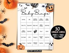 a printable halloween baby shower game with pumpkins and bats