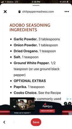 an iphone screen showing the menu for food and drinks on it, with text that reads'addo seasoning ingredients '