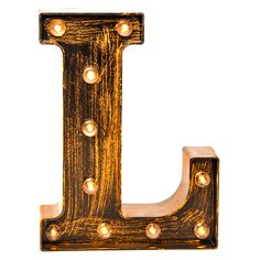 the letter l is made out of wood and has lights on it's sides