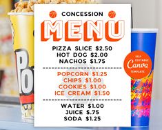 a menu for a pizza slice $ 2, 500 and nachos $ 1 75