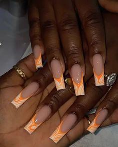 40 Nail Tip Design Inspiration that goes Beyond the Classic French Manicure | Womeninspiredseries Orange Acrylic Nails, 2022 Nails, Sunset Nails, Orange Nail Designs, Nail Tip Designs, Orange Nail, Long Acrylic Nail Designs, Baddie Nails