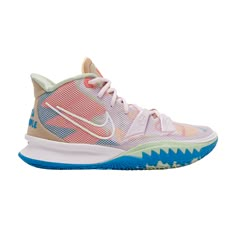 Find NIKE Kyrie 7 Ep '1 World 1 People Regal on Editorialist. The ‘Regal Pink’ colorway of the Nike Kyrie 7 EP ‘1 World 1 People’ makes use of an extra-durable two-tone rubber outsole designed for play on outdoor courts. A soft pink finish is applied to the full-length foam midsole, fitted with a large Air Zoom Turbo unit in the forefoot. Up top, the open mesh build reveals a patterned textile underlay in assorted pastel hues. The beige canvas heel panel features Kyrie Irving’s ‘11’ jersey number, with the individual numerals integrated into the shoe’s unifying tagline, ‘1 World 1 People.’ 11 Jersey Number, Numbers Spelling, Kyrie Basketball, Kyrie Irving Shoes, Nike Volleyball Shoes, Best Volleyball Shoes, Kyrie 7, Nike Volleyball, Kyrie Irving