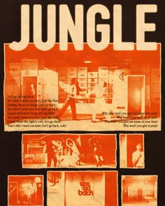 an advertisement for the movie jungle with images of people and animals in orange on black paper