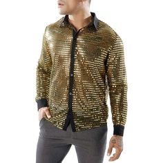 Shirts Type: Casual Shirts Material: Polyester Sleeve Length: Full Collar: Turn-down Collar Season: Fall,Spring Package Contents: 1 x Shirt Sparkly Shirt, Show Design, 70s Men, Glitter Shirt, Disco Shirt, Gold Shirt, Sequin Shirt, 70s Disco, Dance Fashion