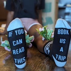 Let them know what you really want! #flewedout ✈️ Softly express your love for travel and adventure in the simplest but most adorable way possible: by showing off your feet! That’s right—these comfy crew socks do all the talking. Phrase featured on socks underside:R: IF YOU CAN READ THISL: BOOK US A TRIP They're great conversation starters and quite direct in message :)So when it’s that time again for a vacation, kick up your feet & start manifesting your next trip! Great for:- Lovers who enjoy Travel Socks, Start Manifesting, Travel And Adventure, Great Conversation Starters, Conversation Starters, Mens Socks, Girls Trip, Socks Women, Crew Socks