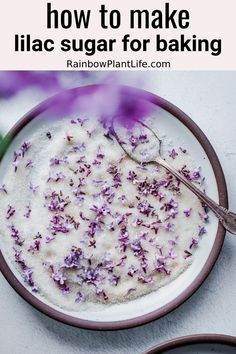 a white bowl filled with lilac sugar on top of a table