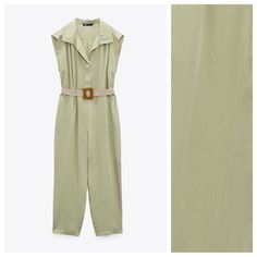 Nwt. Zara Khaki Green Lyocell Belted Jumpsuit With Lapel Collar, V-Neck, And Short Sleeves, Contrasting Buckle Belt, Side Pockets, Cuffed Hem, Front Button Closure. Size S. M. Ref. 8340/675. Size S - Pit To Pit 20" Flat, Shoulders 19", Waist 18", Rise 13", Inseam 27", Length 57". Size M - Pit To Pit 21" Flat, Shoulders 20", Waist 18,5", Rise 13", Inseam 27", Length 57". K Khaki Sleeveless Jumpsuits For Work, Khaki Sleeveless Jumpsuits And Rompers For Workwear, Sleeveless Khaki Jumpsuits For Work, Summer Khaki Jumpsuits And Rompers For Workwear, Zara Green V-neck Jumpsuits And Rompers, Chic Khaki Jumpsuits And Rompers For Work, Spring Workwear Khaki Jumpsuits And Rompers, Spring Khaki Jumpsuits And Rompers For Work, Casual Green Zara Jumpsuits And Rompers