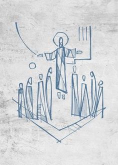 a drawing of a person standing in front of a cross