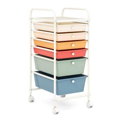 a white cart with five different colored drawers