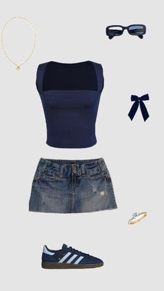 Collage Outfits Summer, Stocklom Outfit Summer, Cute Holiday Outfits Summer, Clothes Aesthetic Collage, Outfit Collage Summer, Short Skirt And Top Outfits, Navy Summer Outfit, Navy Top Outfit, Cute Going Out Outfits