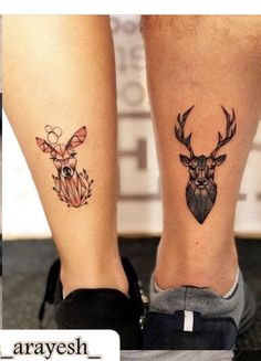 two people with tattoos on their legs, one has a deer head and the other has an owl