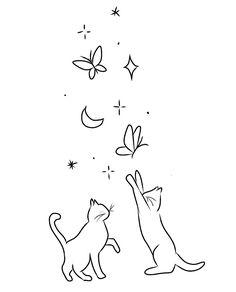 two cats playing with each other under the stars and butterflies coloring pages for kids, free printable