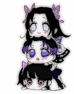 three cartoon characters with purple eyes and black hair, one is hugging the other's head