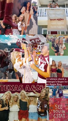 collage of images from texas a & m football teams and cheerleaders in their uniforms