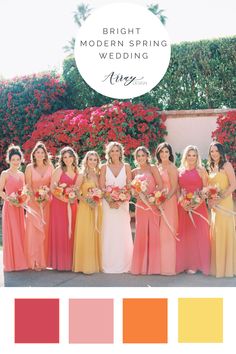 the bridesmaids are wearing bright colored dresses and holding bouquets in their hands