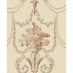 an ornate wallpaper with flowers and vines on it's side, in beige