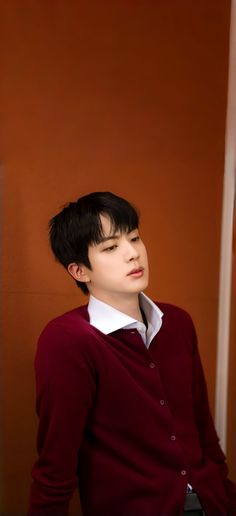 a young man wearing a red sweater and white shirt standing in front of a brown wall