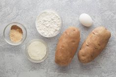 ingredients to make baked potato bread laid out on a table