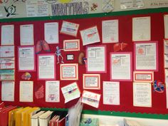 the bulletin board is covered with many different things to write on it, including books and papers