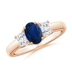 Featuring an oval blue sapphire and two trapezoid diamonds, this three stone ring is a meaningful token of love. The three gems are securely prong set on the lustrous shank. This past, present and future ring is crafted in 14k rose gold. Engagement Ring For Her, Three Stone Engagement Rings, Blue Sapphire Rings, Classic Ring, Three Stone Rings, Rings For Her, Three Stone, 18k Rose Gold, Prong Setting