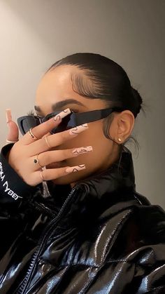 Nails That Can Go With Any Outfit, Side Line Hairstyle Women, Nail And Outfit Pic, Nail Pics Aesthetic, Acrylic Nails Lines, Extra Outfits Baddie, Covered Face Selfie, Nails At Home Aesthetic, Ballerina Long Nails