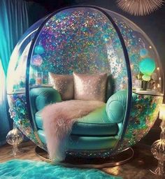 a room filled with furniture and lots of glitter on the walls, including a bubble chair