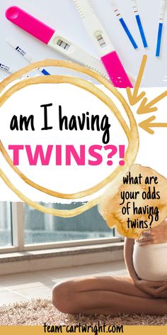 Text: am I having twins?!  What are your odds of having twins?
Top Picture: Home pregnancy tests, positive pregnancy tests
Bottom Pregnant woman sitting on floor by big window cradling her belly Twin Reveal Ideas, Two Sets Of Twins, Types Of Twins, How To Conceive Twins, Twin Quotes, Breastfeeding Twins