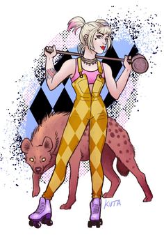 a drawing of a woman in overalls holding a bat and standing next to a wolf