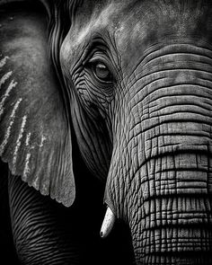 black and white photograph of an elephant's face